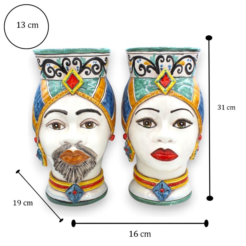 Vaso com cabeças de mouros da Sicília, com turbante (par) altura 30 cm aprox. Cerâmica Caltagirone - 