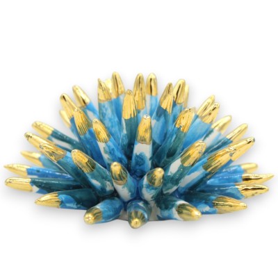 Support à oursins, en céramique de Caltagirone, Ø 11 x 5 cm environ. Embouts en émail bleu et or 24 carats - 