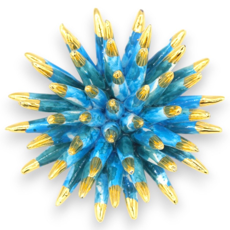 Sea urchin stand, in Caltagirone ceramic, Ø 11 x 5 cm approx. Blue, 24k gold enamel tips - 