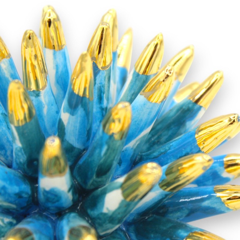 Support à oursins, en céramique de Caltagirone, Ø 11 x 5 cm environ. Embouts en émail bleu et or 24 carats - 