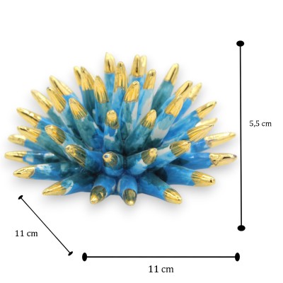 Sea urchin stand, in Caltagirone ceramic, Ø 11 x 5 cm approx. Blue, 24k gold enamel tips - 