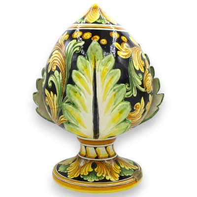 Pumo in ceramica Caltagirone - h 30 cm ca. Nero, decoro barocco giallo e verde - 