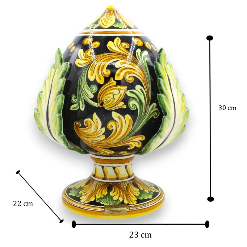 Pumo in ceramica Caltagirone - h 30 cm ca. Nero, decoro barocco giallo e verde - 