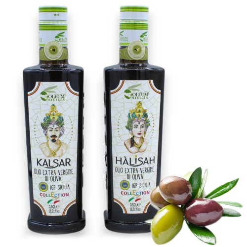 - Kalsar und Halisah – sizilianisches IGP EVO-Öl – KOLLEKTION – 2 Größen- und Dekorationsoptionen (1 Stück) - 