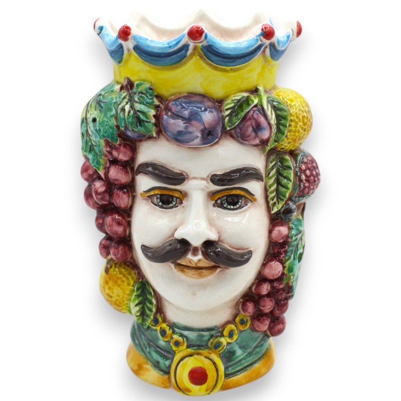 Cabezas de moro siciliano (par) de aprox. 18 cm de altura. Corona, frutos y medallón, cerámica de Caltagirone - 