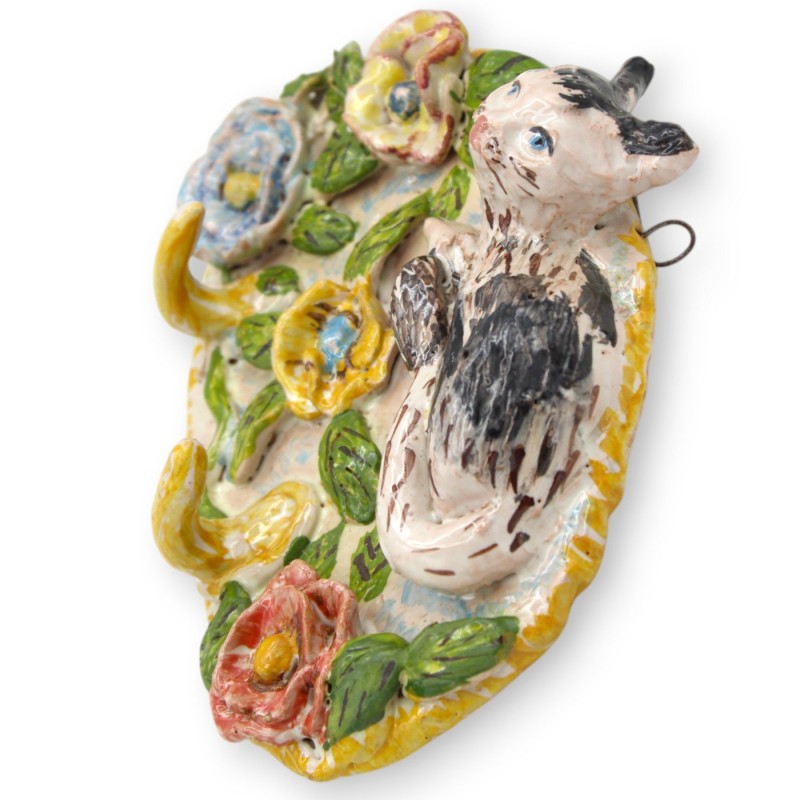 Cintre, porte-clés, maniques ou gants en céramique sicilienne, 12 h x 15 cm environ. décorations en relief avec chat - 
