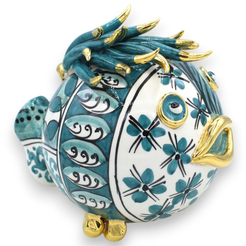 Pesce palla da appoggio, ceramica Caltagirone, h 18 x 20 cm ca. decoro moderno, Fondo Ottanio, Smalto oro zecchino 24k -