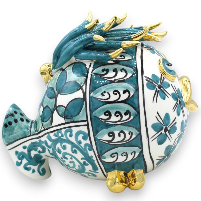 Pesce palla da appoggio, ceramica Caltagirone, h 18 x 20 cm ca. decoro moderno, Fondo Ottanio, Smalto oro zecchino 24k -
