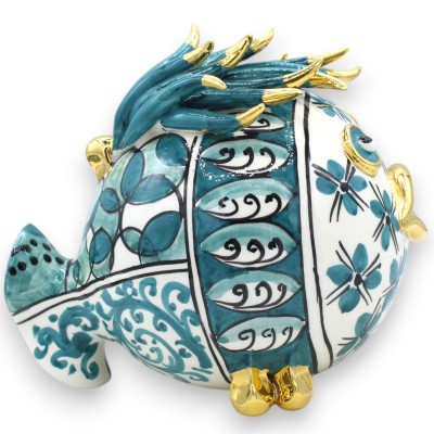 Pesce palla da appoggio, ceramica Caltagirone, h 18 x 20 cm ca. decoro moderno, Fondo Ottanio, Smalto oro zecchino 24k -