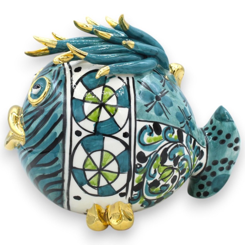 Pesce palla da appoggio, ceramica Caltagirone, h 18 x 20 cm ca. decoro moderno, Fondo Ottanio, Smalto oro zecchino 24k -