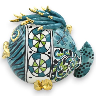 Pesce palla da appoggio, ceramica Caltagirone, h 18 x 20 cm ca. decoro moderno, Fondo Ottanio, Smalto oro zecchino 24k -