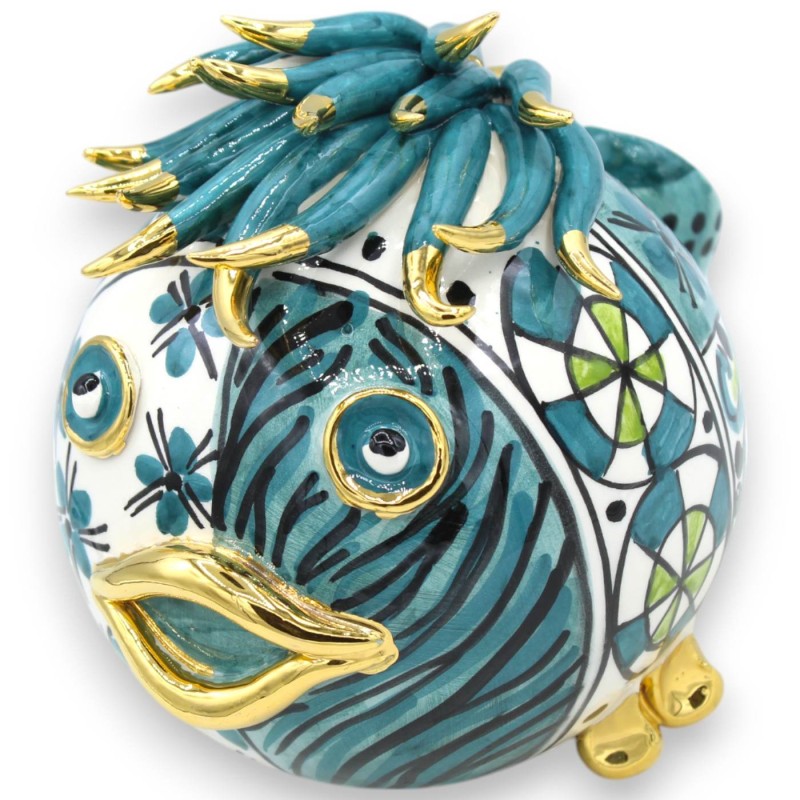 Pesce palla da appoggio, ceramica Caltagirone, h 18 x 20 cm ca. decoro moderno, Fondo Ottanio, Smalto oro zecchino 24k -