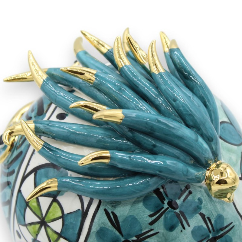 Pesce palla da appoggio, ceramica Caltagirone, h 18 x 20 cm ca. decoro moderno, Fondo Ottanio, Smalto oro zecchino 24k -