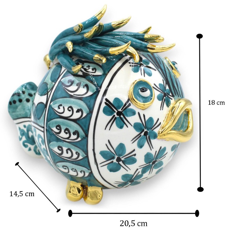 Pesce palla da appoggio, ceramica Caltagirone, h 18 x 20 cm ca. decoro moderno, Fondo Ottanio, Smalto oro zecchino 24k -
