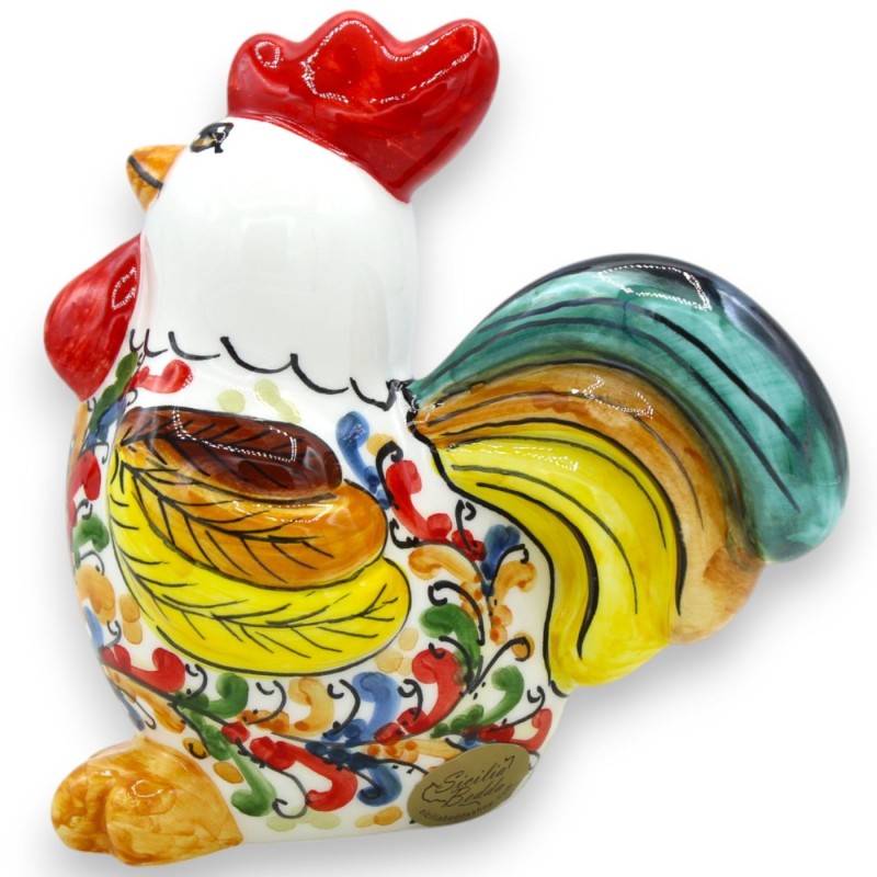 Caltagirone Ceramic Rooster, h 12 x 12 cm approx. with feathers and multicoloured decoration - 