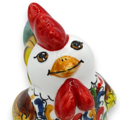 Caltagirone Ceramic Rooster, h 12 x 12 cm approx. with feathers and multicoloured decoration - 