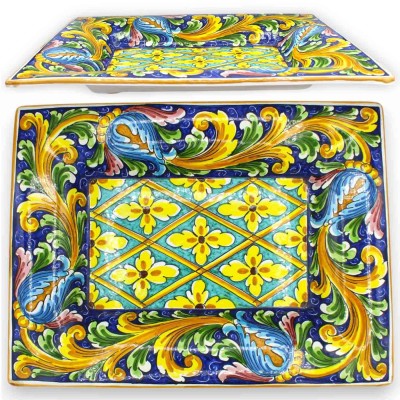Vassoio Rettangolare, ceramica Caltagirone, L 42 x 32 cm ca. Decoro ornato barocco con fiori - 