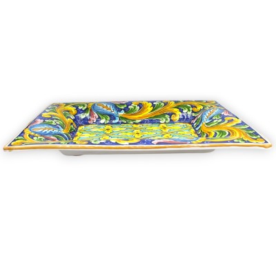 Bandeja rectangular, cerámica de Caltagirone, L 40 x 30 cm aprox. Decoración barroca ornamentada con flores. - 