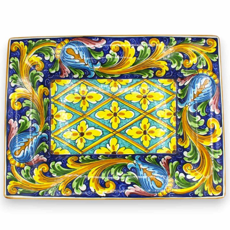 Bandeja retangular, cerâmica Caltagirone, C 40 x 30 cm aprox. Decoração barroca ornamentada com flores - 