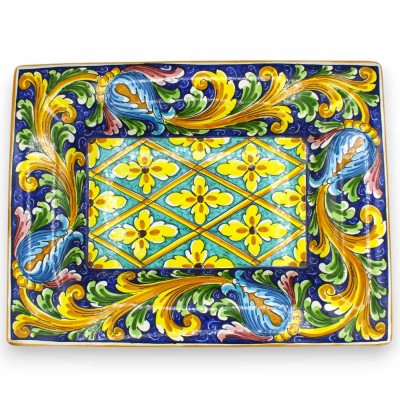 Vassoio Rettangolare, ceramica Caltagirone, L 42 x 32 cm ca. Decoro ornato barocco con fiori - 