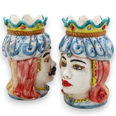 Siciliaanse Moorse hoofden (paar) Drape en kroon, h 13 / 14 cm ca. Caltagirone MD34 keramiek - 