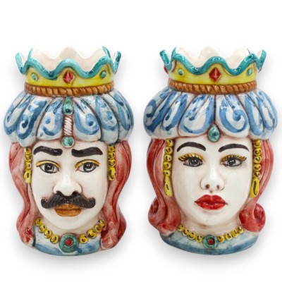 Siciliaanse Moorse hoofden (paar) Drape en kroon, h 13 / 14 cm ca. Caltagirone MD34 keramiek - 