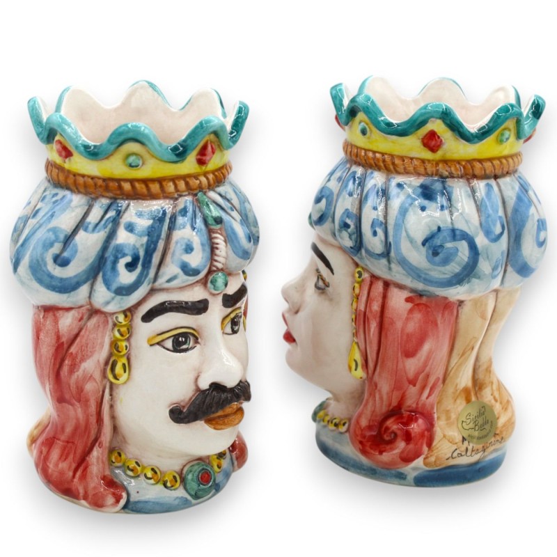 Cabeças de mouro siciliano (par), cortina e coroa, altura 13 / 14 cm aprox. Cerâmica Caltagirone MD34 - 