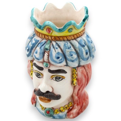Siciliaanse Moorse hoofden (paar) Drape en kroon, h 13 / 14 cm ca. Caltagirone MD34 keramiek - 