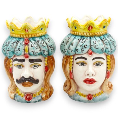 Sicilianska morhuvuden (par) Drapering och krona, h 13 / 14 cm ca. Caltagirone MD35 keramik - 