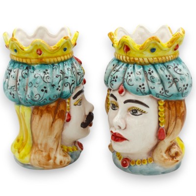 Teste di moro Siciliane (coppia) Drappo e Corona, h 13 / 14 cm ca. ceramica Caltagirone MD35 - 