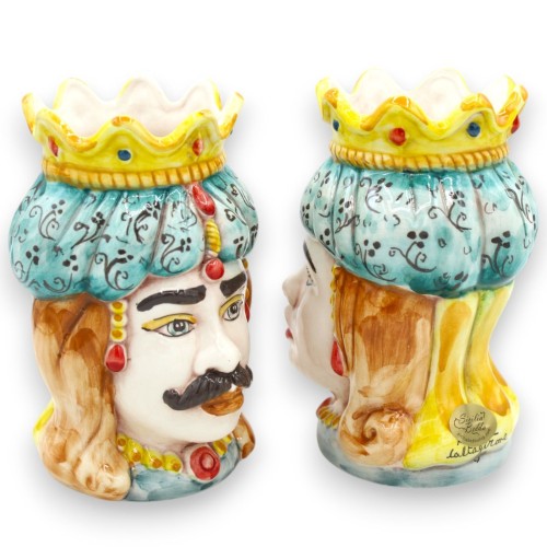 Teste di moro Siciliane (coppia) Drappo e Corona, h 13 / 14 cm ca. ceramica Caltagirone MD35 -  2