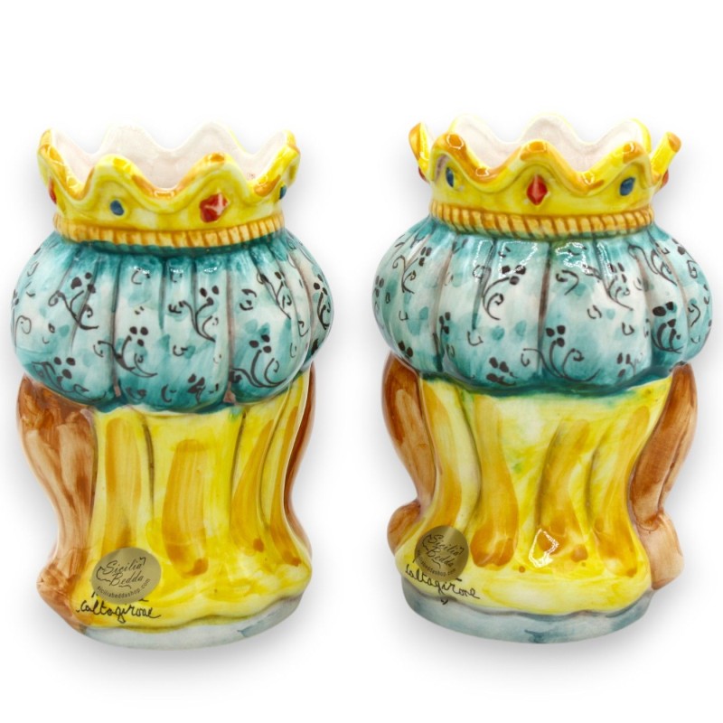 Teste di moro Siciliane (coppia) Drappo e Corona, h 13 / 14 cm ca. ceramica Caltagirone MD35 - 