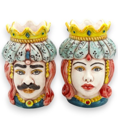 Têtes de Maures siciliens (paire) Drapé et Couronne, h 13 / 14 cm environ. Céramiques Caltagirone MD4 - 