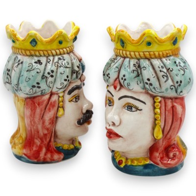 Sicilianska morhuvuden (par) Drapering och krona, h 13 / 14 cm ca. Caltagirone MD4 keramik - 