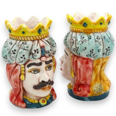 Sicilianska morhuvuden (par) Drapering och krona, h 13 / 14 cm ca. Caltagirone MD4 keramik - 