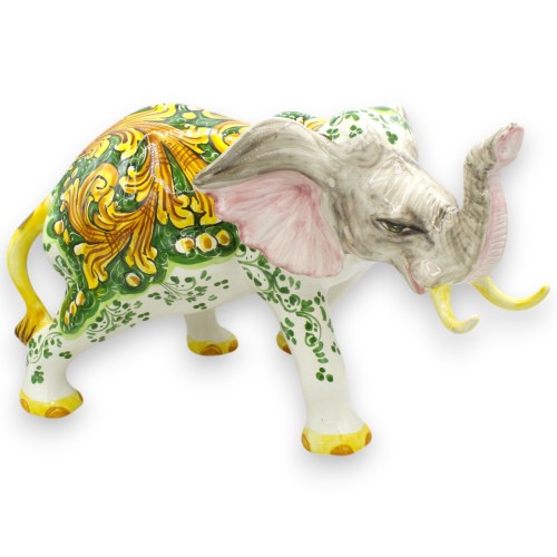 Geluksolifant keramiek Caltagirone, h 28 X 45 cm ca. barokke decoratie op bosgroene achtergrond - 