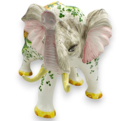 Glückseliger Elefant aus Keramik von Caltagirone, H. ca. 28 x 45 cm. Barockdekoration auf waldgrünem Hintergrund - 