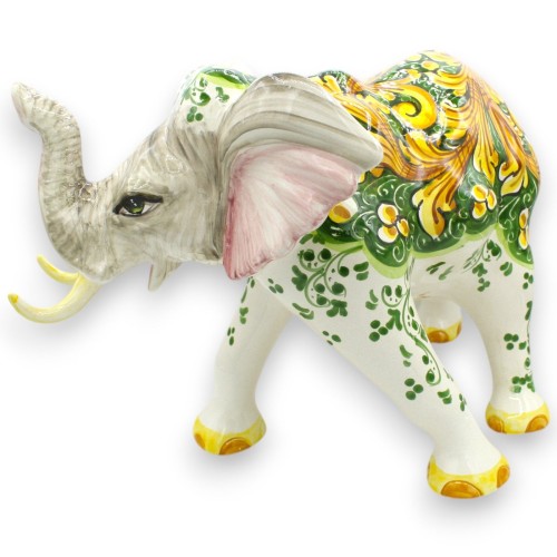 Éléphant porte-bonheur en céramique de Caltagirone, h 28 X 45 cm environ. décor baroque sur fond vert forêt -  2