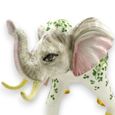 Lucky Elephant Ceramic Caltagirone, h 28 X 45 cm approx. Baroque decoration on forest green background - 