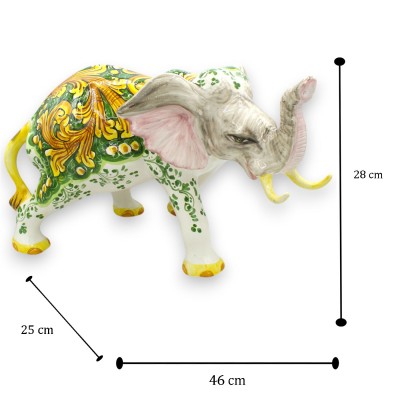 Lucky Elephant Ceramic Caltagirone, h 28 X 45 cm approx. Baroque decoration on forest green background - 