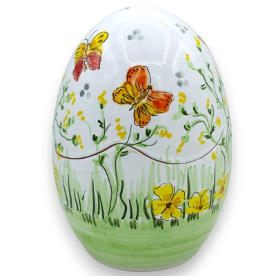 Uovo Porta gioie, Pregiata Ceramica, h 20 x 14 cm ca. decoro Conigli e Farfalle su Prateria - 