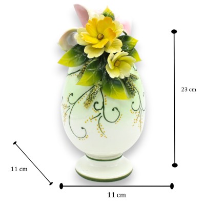 Ei mit Stiel, Feinkeramik, H 23 x 11 cm ca. Anwendung von rosa Band, gelben Blumen und Blättern - 