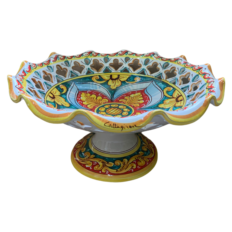 Gewellter und perforierter Obstschalen-Mittelstückständer, Caltagirone-Keramik, mit Blumen- und geometrischem Dekor in 3
