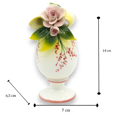 Egg with Stem, Fine Ceramic, h 14 x 7 cm approx. Application of Yellow Ribbon, Pink Flowers and Leaves - 