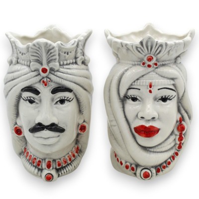 Sicilian Moorish Heads With Crown and Turban (pair) h 13 / 14 cm approx. Caltagirone ceramic - 