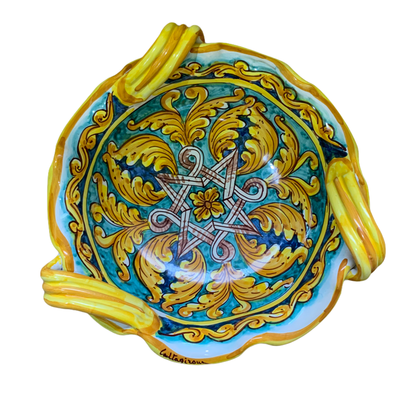 Gewellter Tafelaufsatz mit Griffen, Caltagirone-Keramik – 2 Größenoptionen (1 Stück), geometrische, barocke und Palmette