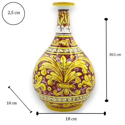 Jarrón ampolla de cerámica de Caltagirone, h 30 x Ø 18 cm aprox. Burdeos, decoración barroca - 