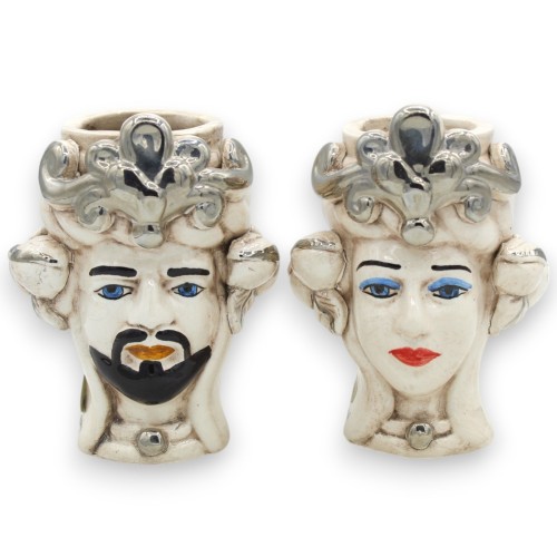 Sizilianische Mohrenköpfe Krone und Frucht (Paar) ca. 14 cm hoch. Caltagirone-Keramik, Platin-Emaille