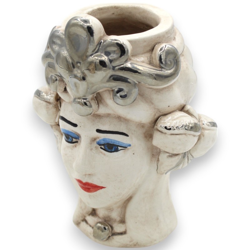 Teste di moro Siciliane Corona e Frutta (coppia) h 14 cm ca. ceramica Caltagirone, smalto Platino - 