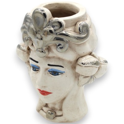 Teste di moro Siciliane Corona e Frutta (coppia) h 14 cm ca. ceramica Caltagirone, smalto Platino - 